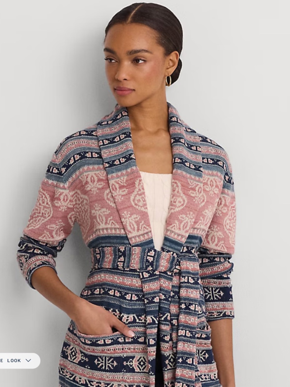 NWT Lauren Ralph Lauren Geometric Belted Open Front Shawl Cardigan Pink Blue M